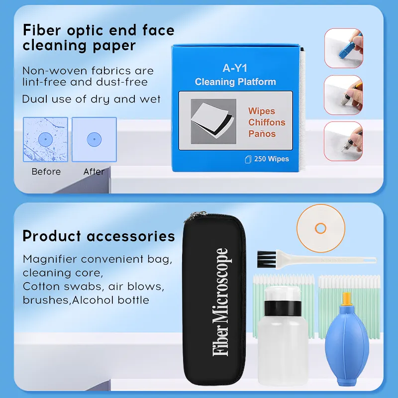 COMPTYCO Fiber End Face Cleaning 14 Piece Kit 400X Fiber Magnifier MPO Cleaning Pen Y3 Clean Paper Blue Cleaning Box