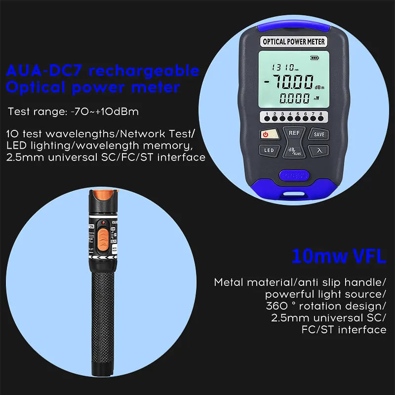 COMPTYCO AUA-DC7 rechargeable optical power meter -70+~10dBm fiber optic visual fault locator 10mw fiber optic cutter fiber optic tool kit